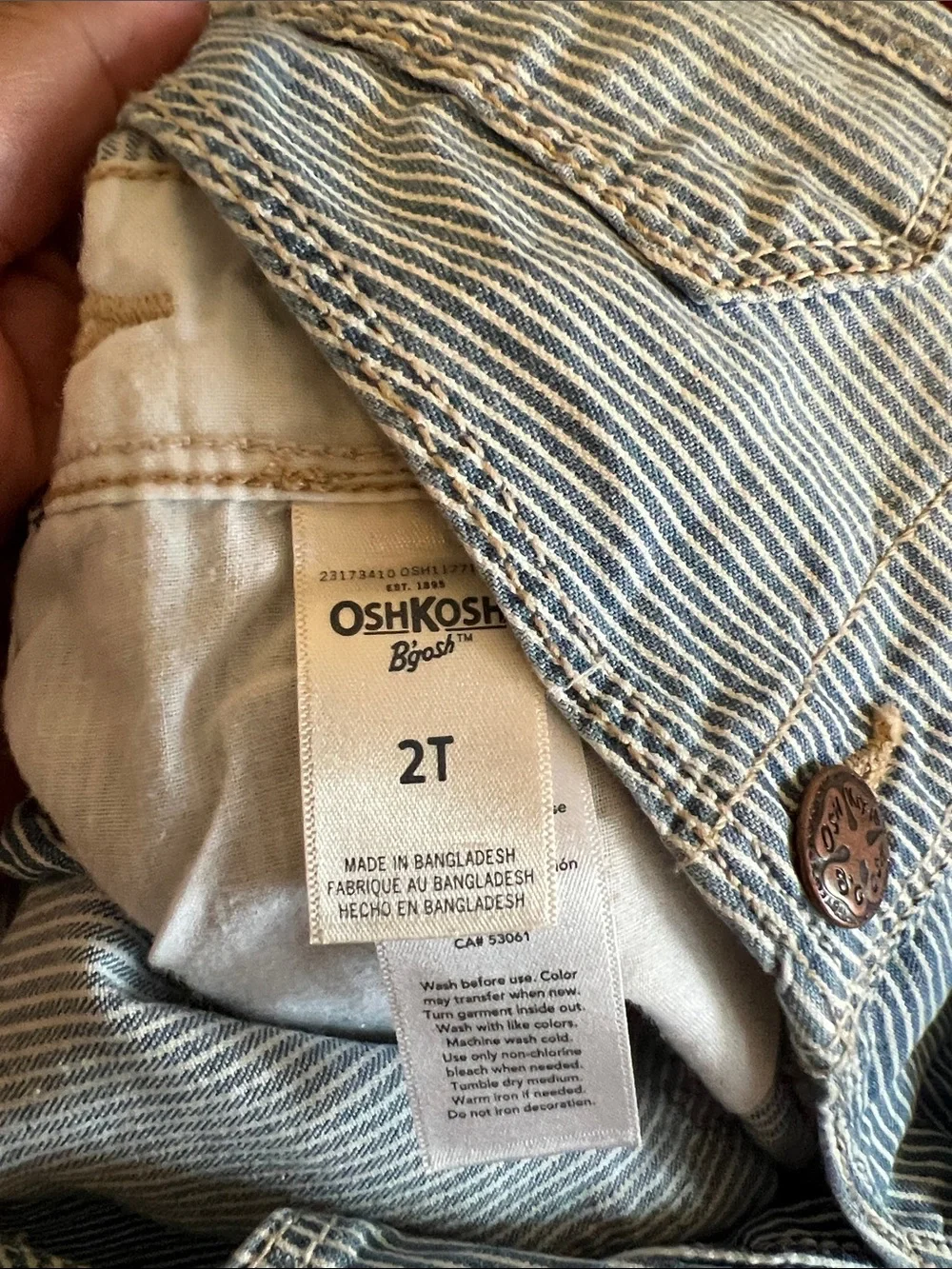 OshKosh B'gosh Blue and White Pinstripe Short Overalls with Yellow Floral Trim
